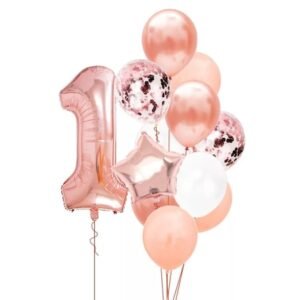 Set 12 Baloane Aniversare 1 An, fata, culoare rose gold, It's Party Time, 1 metru