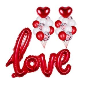 Buchet 24 baloane pentru Valentine's Day, text LOVE, Inimi, Confettii, culoare rosu, It's Party Time