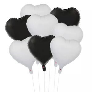 Balon folie inima, set 8 baloane, diametru 45 cm, culori alb prafuit si negru
