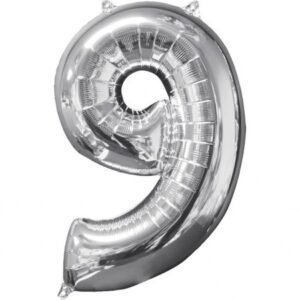 Balon folie cifra 9 gigant, ProCart®, inaltime 100 cm, aniversare, culoare argintiu