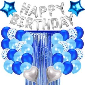 Set 54 baloane Happy Birthday, confetii, perdea decorativa, It's Party Time, Albastru / Argintiu, 40 cm