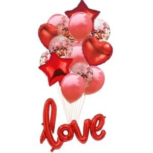 Buchet de 15 Baloane LOVE, Balon Folie, Latex 12 inchi, Latex Transparent cu Confetti, Plus Rabant, Culoare Rosu