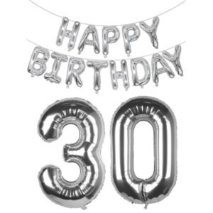 Set Baloane Aniversare Happy Birthday 30 Ani, Cifre Folie Argintiu, It's Party Time