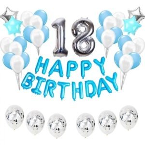 Set 44 baloane majorat, 18 ani, Happy Birthday, confetii, It's Party Time, Bleu / Argintiu, 1 metru