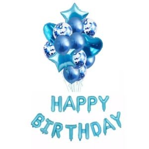 Set 14 Baloane Aniversare cu confetti + Baloane Happy Birthday, Albastru, It's Party Time