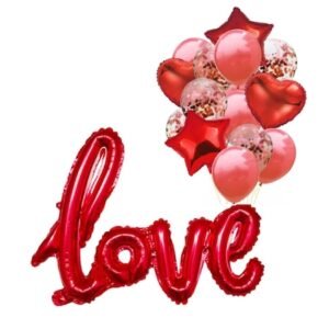 Set 18 baloane Valentine's Day, LOVE, Inimi, Stele, Confetti, culoare rosu, It's Party Time